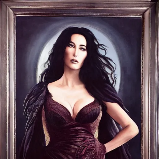 Image similar to majestic gracious regal aristocratic raven haired monica bellucci as the roman - greece vampire pandora portrait, indoors, atmospheric lighting, painted, intricate, volumetric lighting, beautiful, rich deep colours masterpiece, sharp focus, ultra detailed, by leesha hannigan, ross tran, thierry doizon, kai carpenter, ignacio fernandez rios