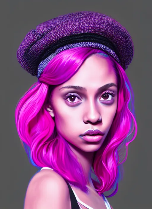 Image similar to portrait of teenage vanessa morgan with bright pink hair, black girl, curly pixie cut hair, wearing a purple breton cap, breton cap, hoop earrings, intricate, elegant, glowing lights, highly detailed, digital painting, artstation, concept art, smooth, sharp focus, illustration, art by wlop, mars ravelo and greg rutkowski