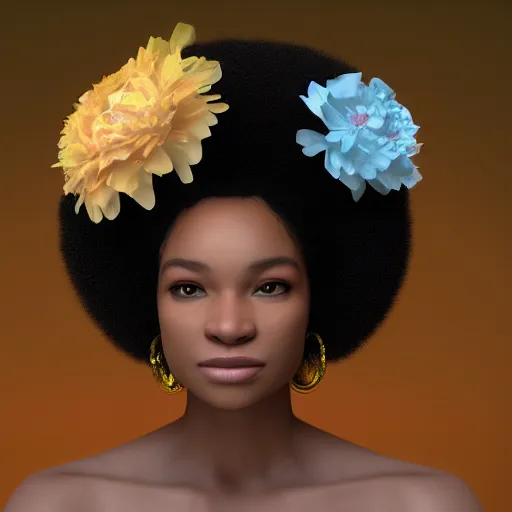 Prompt: portrait of a smiling beautiful black woman who looks like nia long and regina hall with big fluffy afro surrounded by flower petals by argerm and by alphonse mucha, face by wlop, trending on artstation, octane render