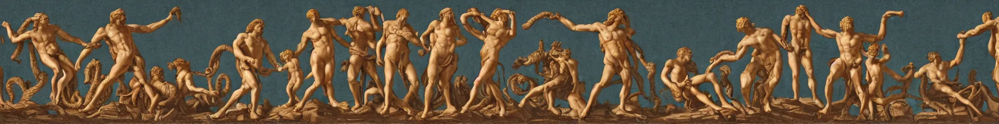 Prompt: long line-up of laocoon and his sons struggling with color coded network cabling, intertwined full body view, colorized postcard photography, white background