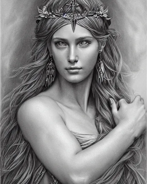 Image similar to pencil drawing of a beautiful greek goddess aphrodite wearing a laurel wreath and arrowhead earrings, beautiful confident eyes, beautiful flowing hair, hyper realistic face, in the style of greg rutkowski, fantasy, amazing detail, epic, elegant, smooth, sharp focus, from the front, long shot