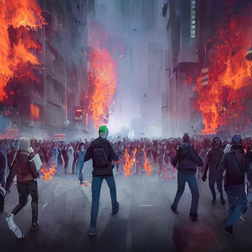 Image similar to protesters marching, detailed digital illustration by greg rutkowski, fire, android netrunner, forced perspective