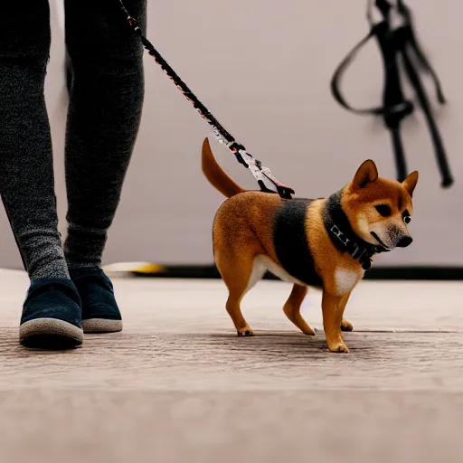 Prompt: close up photo of a tiny emma watson walking her shiba inu, cinematic, shallow dof, 3 5 mm, 4 k, macro