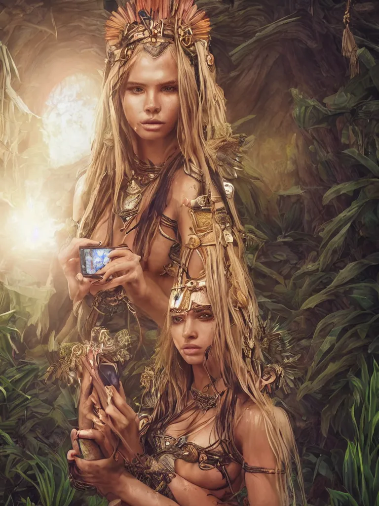 Image similar to portrait of nata lee as a beautiful warrior goddess in a tropical courtyard holding an iphone, decolletage, confident pose, coherent, insane detail, concept art, character concept, cinematic lighting, global illumination radiating a glowing aura