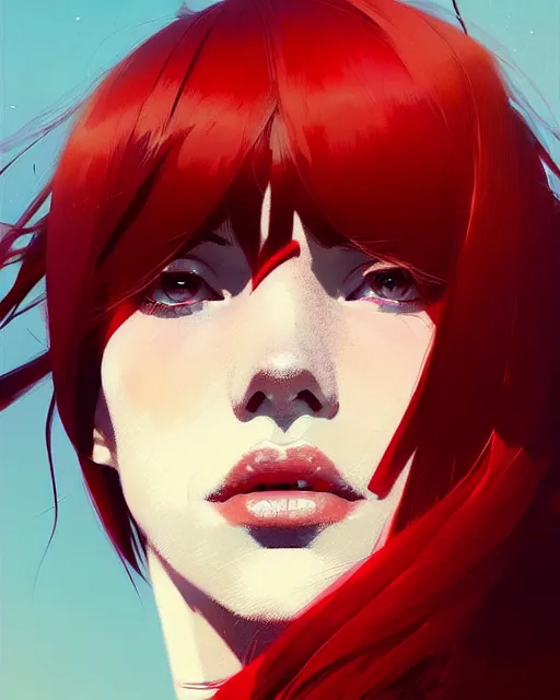 Image similar to a ultradetailed beautiful portrait panting of a stylish woman with red bangs, by conrad roset, greg rutkowski and makoto shinkai, trending on artstation