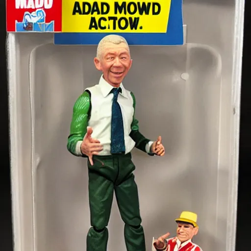 Prompt: action figure of Alfred E. Newman from MAD magazine, mint condition