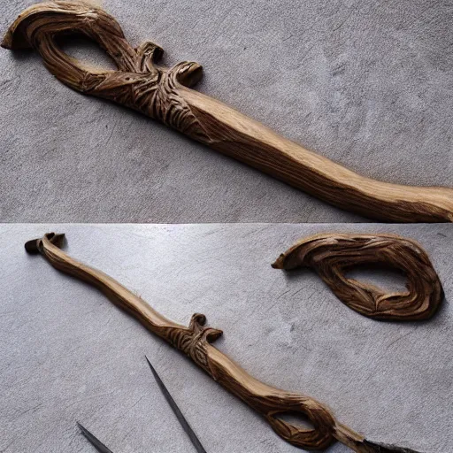 Image similar to hand carved bow, hyper realistic picture
