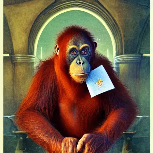 Image similar to Orangutan as a grumpy Libarian in Hogwarts, School of Witchcraft and Wizardry, detailed, hyperrealistic, colorful, cinematic lighting, digital art, illustration from a Harry Potter book by Paul Kidby and Jim Kay