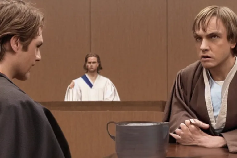 Prompt: jedi master anakin skywalker talking to saul goodman in court, us court, 1 0 8 0 p, court session images, realistic faces, better call saul court scene