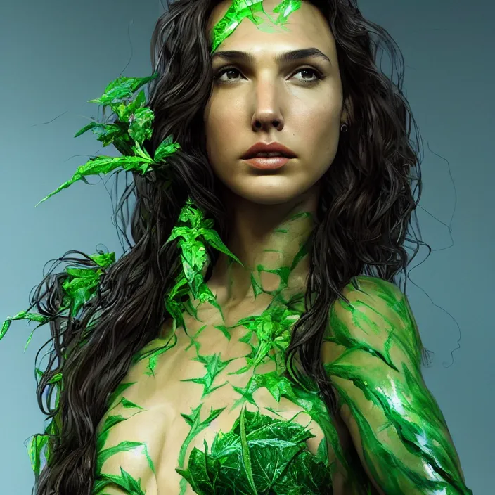 Image similar to portrait of Gal Gadot as a Poison Ivy. intricate artwork. by Tooth Wu, wlop, beeple, dan mumford. octane render, trending on artstation, greg rutkowski very coherent symmetrical artwork. cinematic, hyper realism, high detail, octane render, 8k