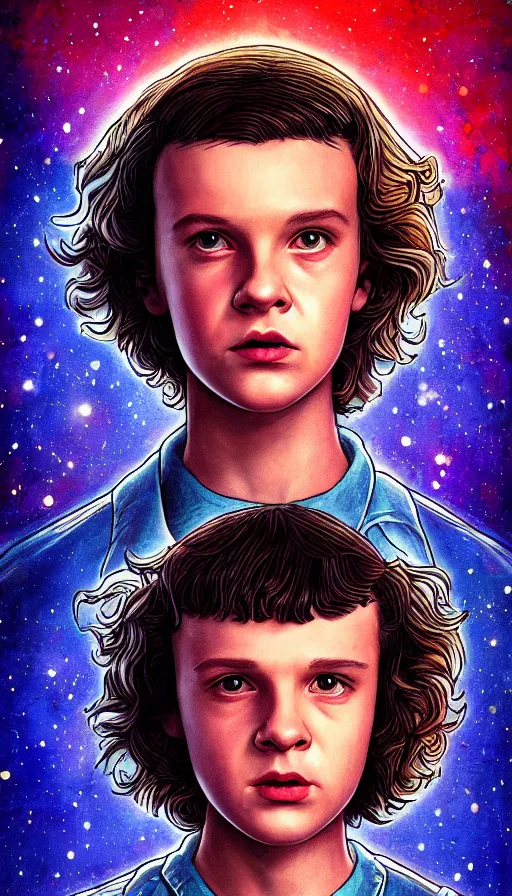 Prompt: Eleven from Stranger Things portrait painted in the style of an ancient royal portrait. Beautiful anime lush forest background. Golden hour. Trending on art station