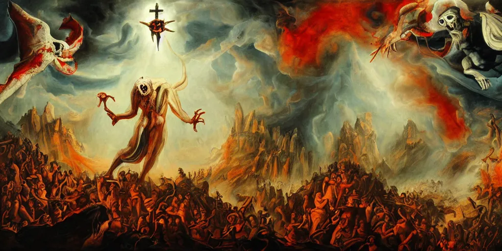 Prompt: horror mate painting of one man been punish by daemons in hell, scene inspired by carvaggio, god and the holy spirit are watching everything from the top of the painting behind clouds, body parts everywhere, blood, fire, crimes, insanely detailed, horror, intricate, sharp focus, foggy