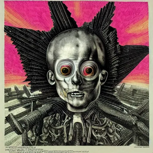 Image similar to post - punk new age album cover, asymmetrical design, dollar bank notes, capitalism, magic, apocalypse, psychedelic, black white pink, magic, giger h. r., giuseppe arcimboldo