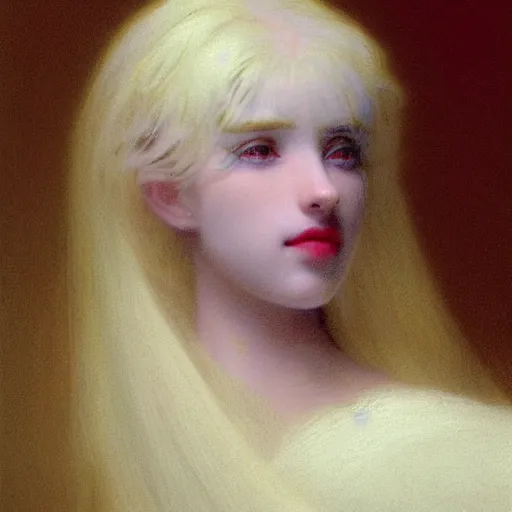 Image similar to a young woman's face, her hair is white and she wears a cobalt blue satin cloak, by ivan aivazovsky and syd mead and moebius and gaston bussiere and roger dean and pieter claesz and paul delaroche and alma tadema and aelbert cuyp and willem claesz, hyperrealistic, volumetric light, octane render