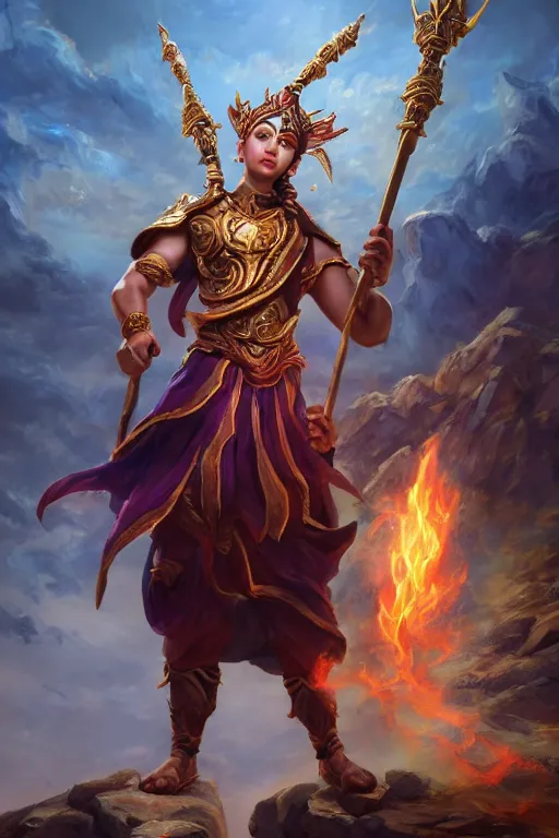 Image similar to a masterpiece portrait of nezha, legendary god holding spear, boy, flame everywhere, epic pose, fantasy character portrait, closeup shot, hyper detailed, digital painting, 8 k realistic, trending on artstation, sharp focus, dof, by fenghua zhong, artgerm, ne zha from smite, jeff easley, raymond swanland