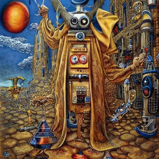 Image similar to a robed wizard, puppeteering a toy robot, in the style of michael cheval, surreal, highly detailed, super intricate, whimsical and surreal. wizard and robot puppet