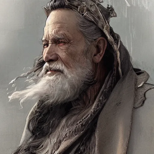 Prompt: Portrait of elderly wizard with white curling beard wearing tattered robes, waist high, intricate, wild, highly detailed, digital painting, artstation, concept art, smooth, sharp focus, illustration, art by artgerm and greg rutkowski and alphonse mucha