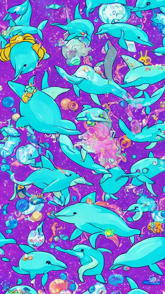 Image similar to y 2 k dolphins, trolls and sparkles, seapunk