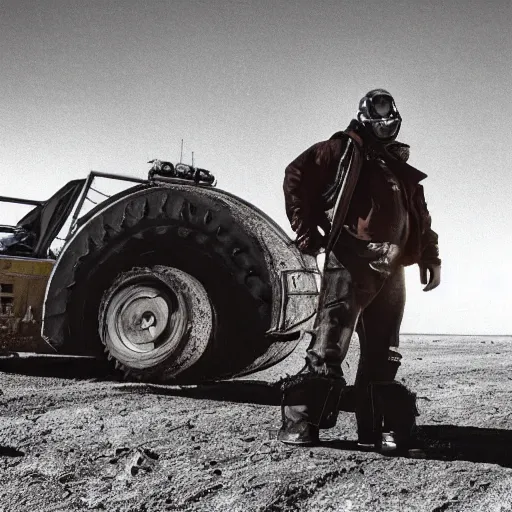 Prompt: a man wearing heavy equipment and a welding mask, in the desert, action movie, Mad Max inspired, film still, arriflex 35