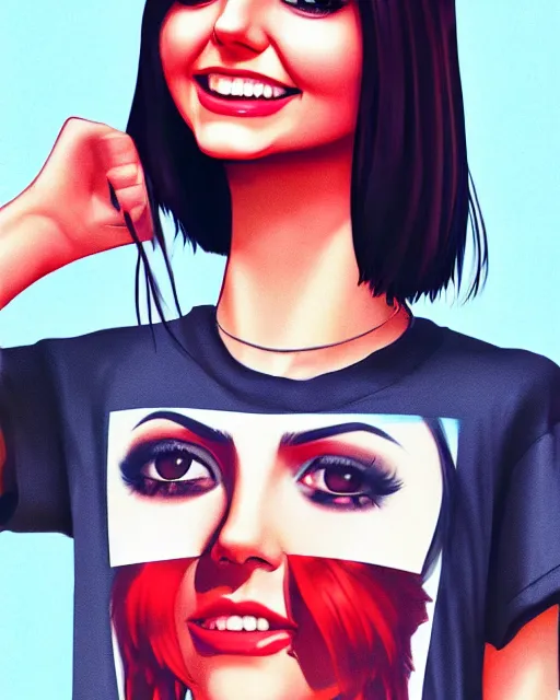 Image similar to full, up close, 1 2 0 mm film portrait of a beautiful victoria justice, in tshirt, stoned, happy, by saruei and guweiz and ilya kuvshinov and rockwell and warhol allover fashion photography, ultra clear and sharp focus, trending on artstation hq, deviantart, pinterest, unreal engine 5, 4 k uhd image