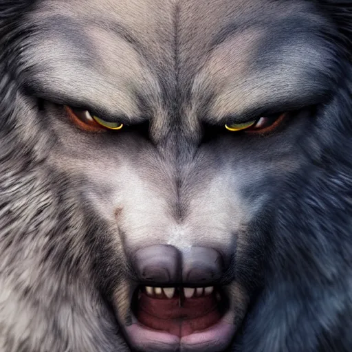 Image similar to portrait of man transforming into a werewolf with grey realistic fur, high detail, hyper realism, unreal engine, 8 k