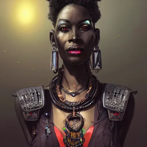 Image similar to a dark and ominous african queen with glowing eyes, a black diamond in her forehead, and jewelry made of bones, Apex Legends character digital illustration portrait design, by android jones and greg rutkowski in a cyberpunk voodoo style, detailed, cinematic lighting, wide angle action dynamic portrait