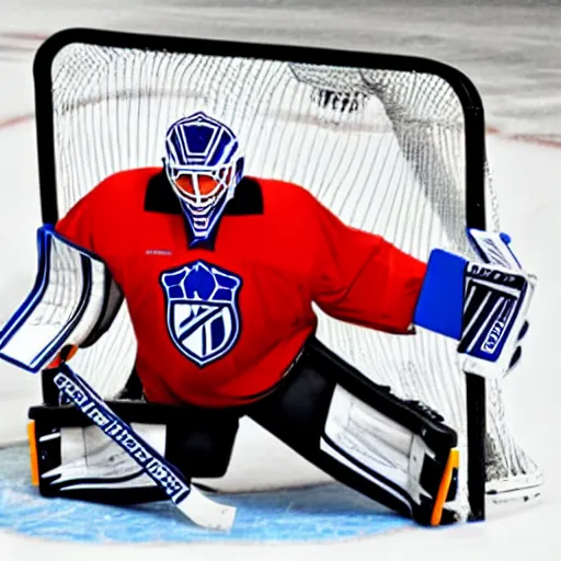 Prompt: ice hockey goalie playing his ipad