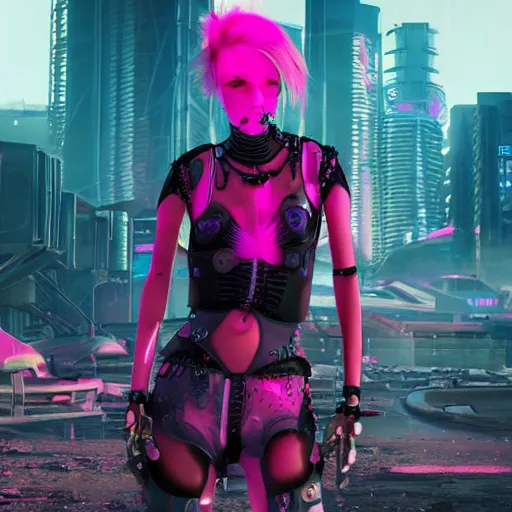 Prompt: cyberpunk Sylvi Listhaug super realistic in neon pink exoarmour in a postapocalyptic cinematic composition