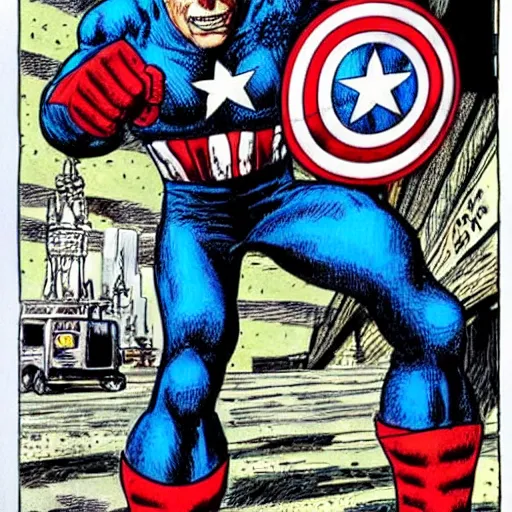 Image similar to The Artwork of R. Crumb and his Cheap Suit Captain America, pencil and colored marker artwork, trailer-trash lifestyle