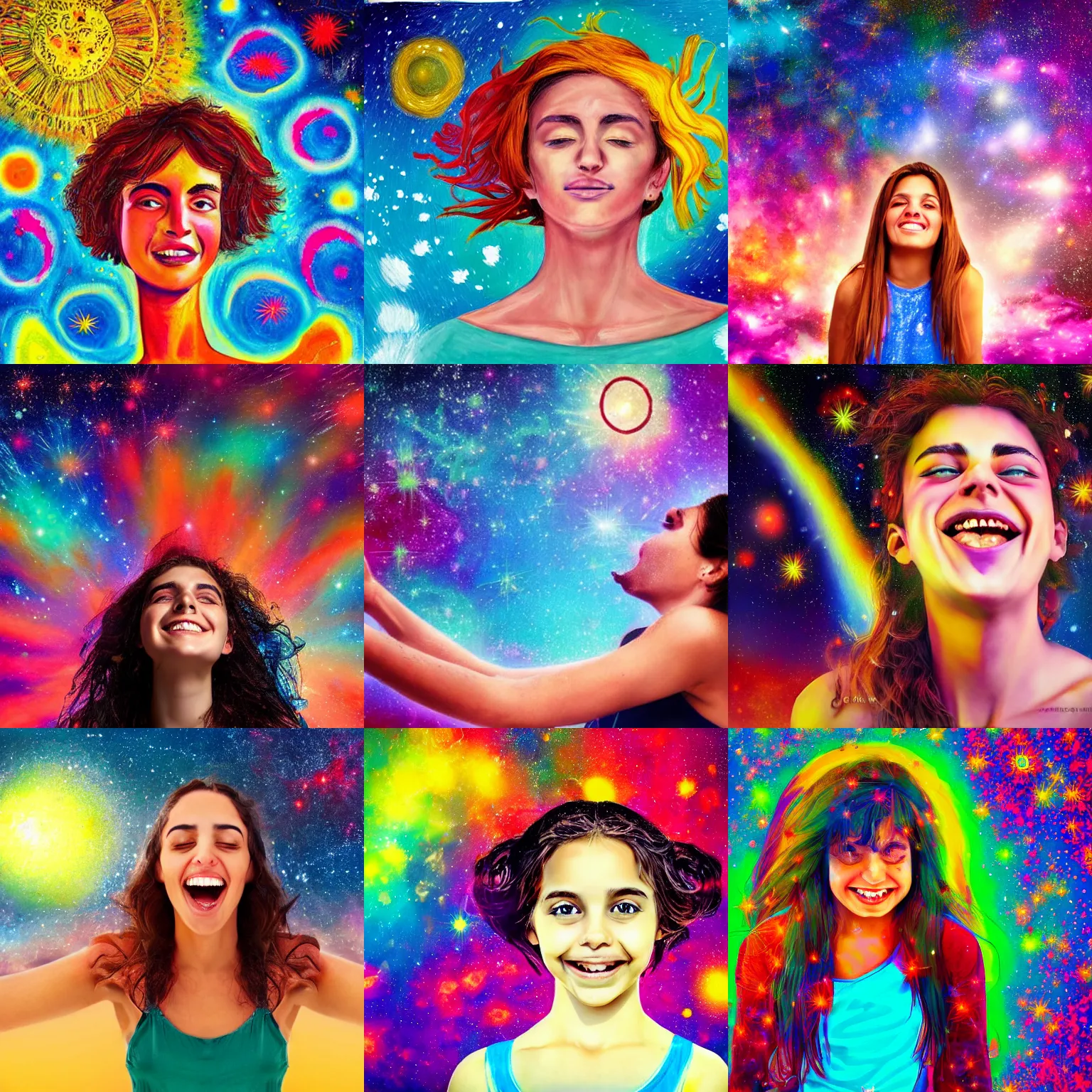 Prompt: ecstatic greek girl surrounded by the cosmos, photorealistic, vivid colors