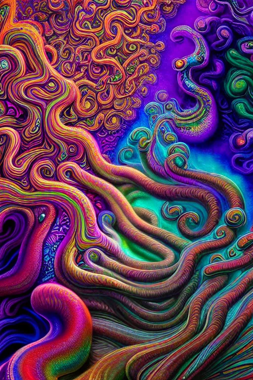 Prompt: colorful liquid smoke and clouds forming detailed faces, extremely colorful psychedelic experience, dmt, psilocybin, lsd, intricate, elegant, highly detailed, digital painting, artstation, smooth, sharp focus, illustration, art by alex grey, hana yata, beeple, josephine wall, octane render, unreal engine, 8 k