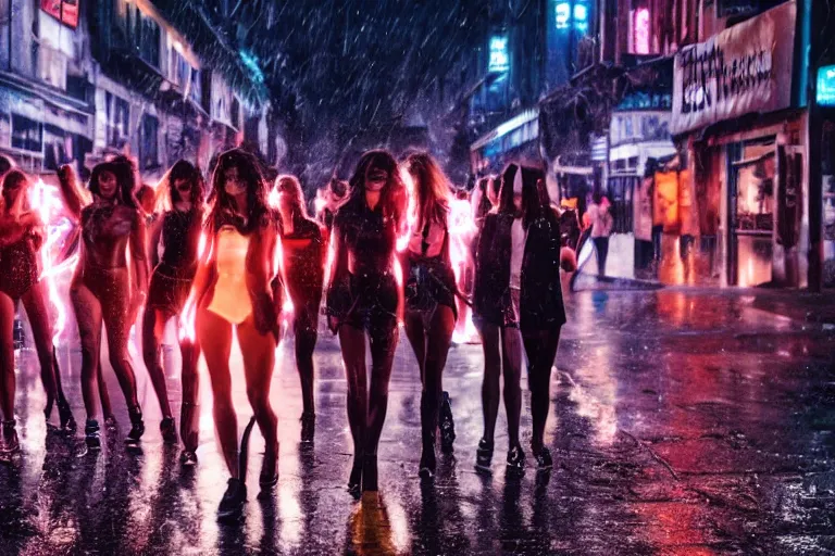 Image similar to a cinematic photograph of a group of angels walk through a dystopian city street whilst neon lightening strikes on the pavement, rain falls, ultra realistic, high definition