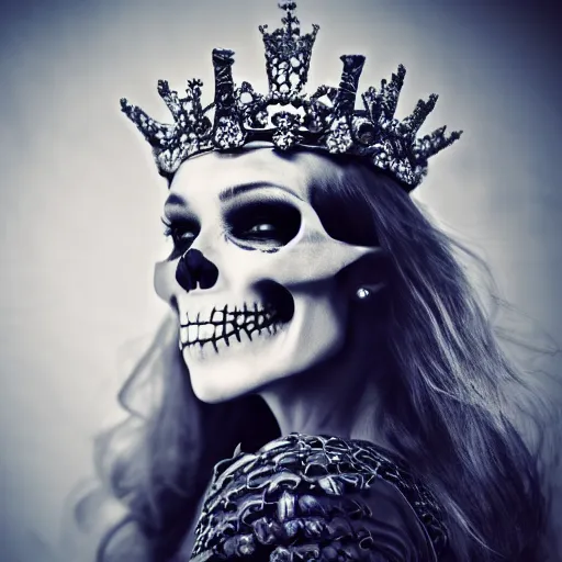 Prompt: skull queen with an origami crown, hints of silver jewelry, gothic, eerie, intricate detail, dramatic lighting, mist, grey, 8k