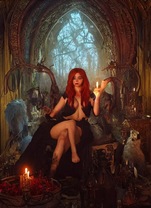 Image similar to firestarter inside covens den, intricate wiccan scene detailing, hyperdetailed, photorealistic, diffuse lighting, hdrp, artstation, unreal 5, smooth, textless, sharp focus, art by john collier, albert aublet, krenz cushart, artem demura, alphonse mucha