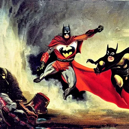 Image similar to 1800s oil painting of Spawn fighting Batman in the pits of hell