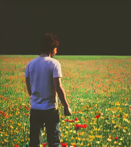 Prompt: tall shadow person standing in beautiful meadow of flowers, film photo, grainy, high detail, high resolution