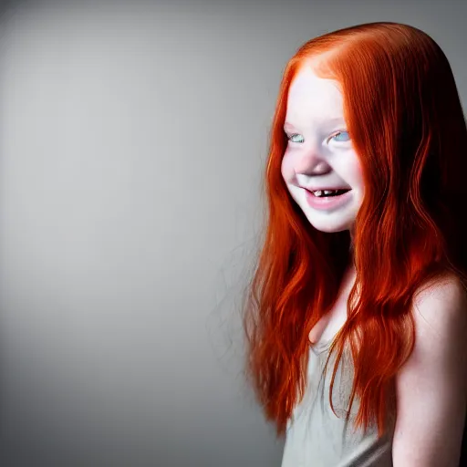 Prompt: artistic photo of a young beautiful girl with red hair looking at the camera, smiling slightly, studio lighting, award winning photo by Annie Liebowitz