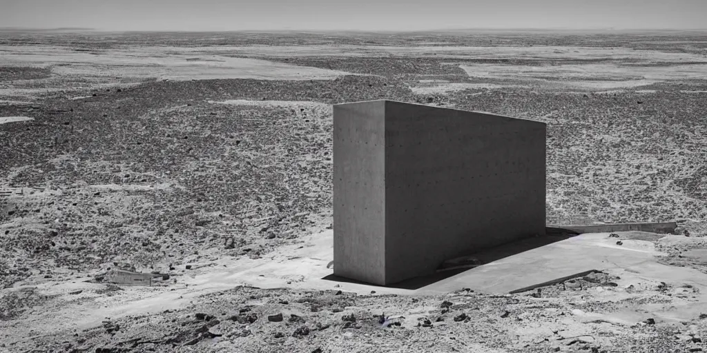 Image similar to imposing geometric concrete buildings in a barren desert wasteland