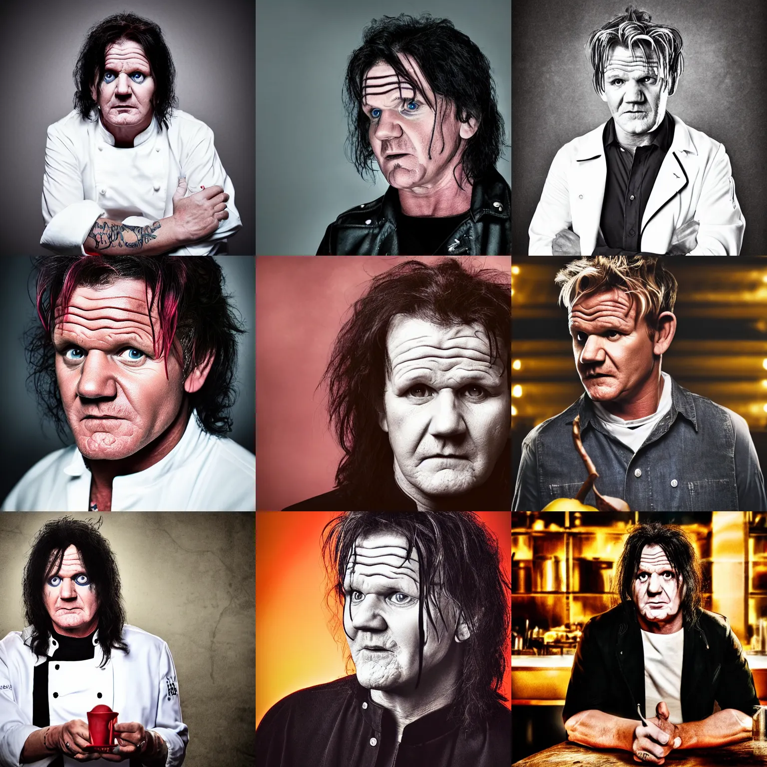 Prompt: portrait photograph, Gordon Ramsay as Alice Cooper, depth of field, bokeh, mood lighting