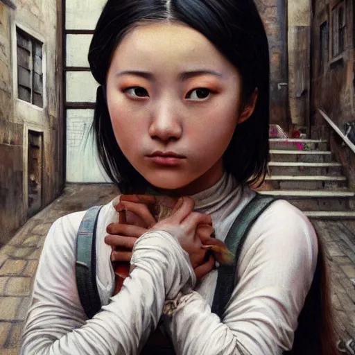 Image similar to a perfect, realistic professional oil painting in Italian renaissance style, of a Japanese schoolgirl posing in a dystopian alleyway, close-up, by a professional American senior artist on ArtStation, a high-quality hollywood-style concept