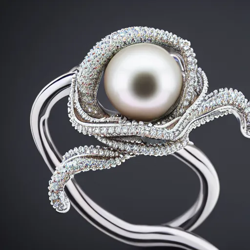 Prompt: hd photo of a diamond futuristic ring with tentacles and pearls by cartier, denoise, deblur