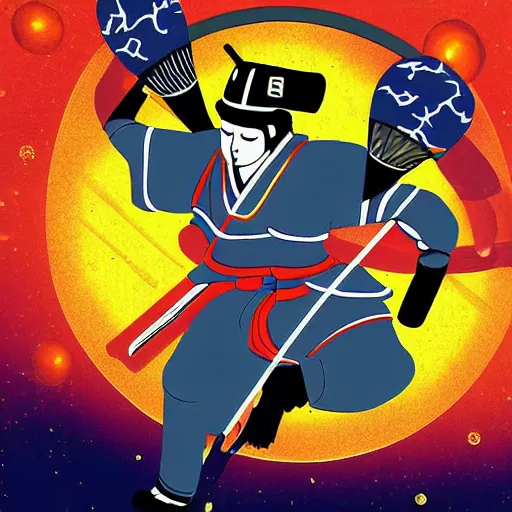 Image similar to Hovering samurai holding a bowling ball in space, bowling pins hovering around him, digital art