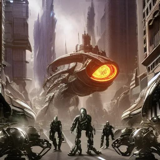 Image similar to gigantic alien war machine walking through the center of a technologically advanced city surrounded by alien citizens, high detail, 70’s sci-fi, deep aesthetic, concept art, 4K, highly ornate intricate details,