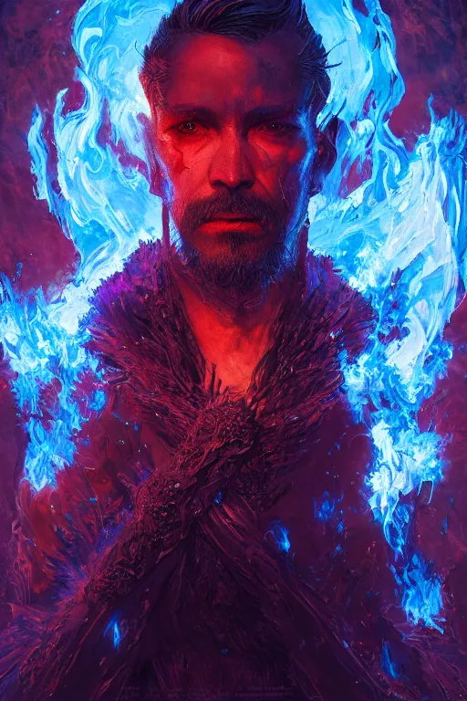 Image similar to a fancy portrait of a god covered in deep blue flames by Greg Rutkowski, Sung Choi, Mitchell Mohrhauser, Maciej Kuciara, Johnson Ting, Maxim Verehin, Peter Konig, Bloodborne , 8k photorealistic, cinematic lighting, HD, high details, atmospheric , trending on artstation