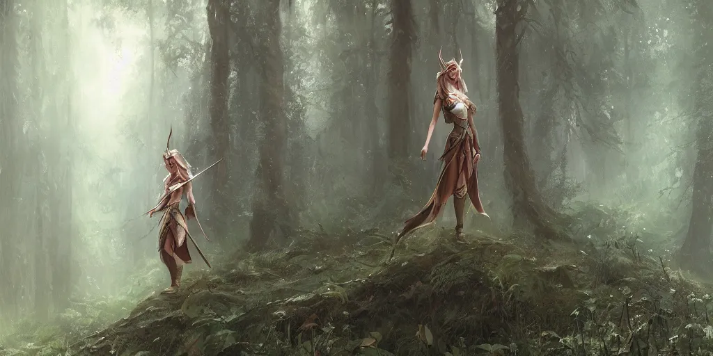 Image similar to close up of a high elf standing in a fairy tale forest, soft lighting, greg rutkowski