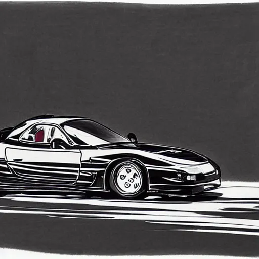 Image similar to pen ink drawing black red 1999 FD RX-7 front side view dynamic racing motion blur Shuichi Shigeno and Michiharu Kusunoki flat drawing two tone color black background dark simple shading