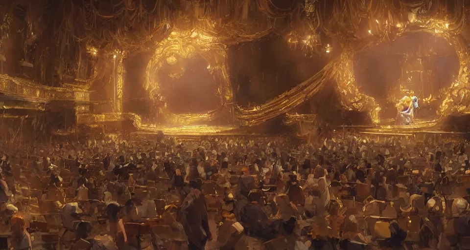 Image similar to craig mullins and ghibli digital art of inside the theater, on the stage, masked female violinists, exotic costumes, gold jewelry, black hair, solo performance hyper realism, realistic shading, cinematic composition, realistic render, octane render, detailed textures, photorealistic, wide shot