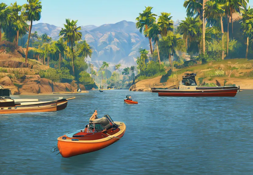 Prompt: A Grand Theft Auto 5 cover style illustration, extremely detailed featuring a river in Europe, surrounded by trees and fields. A dinghy is slowly moving through the water. Sun is shining.