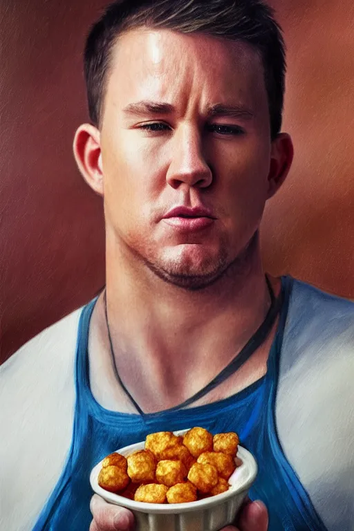 Prompt: channing tatum as a tater tot, oil on canvas, intricate, portrait, 8 k highly professionally detailed, hdr, cgsociety