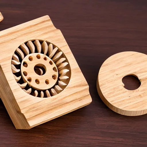Prompt: a wooden mechanical burr puzzle, symmetrical, product photo